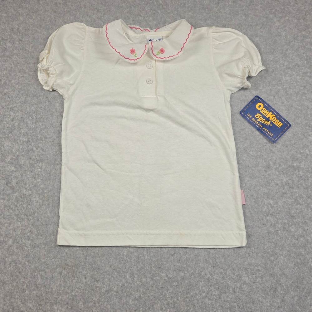 OshKosh B'Gosh Girls White Polo Shirt Pink Floral Collar Preppy Coquette NWT